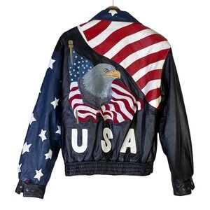 Vintage Leather Works by Lucky Leather American Flag‎ Bomber Jacket Mens XL